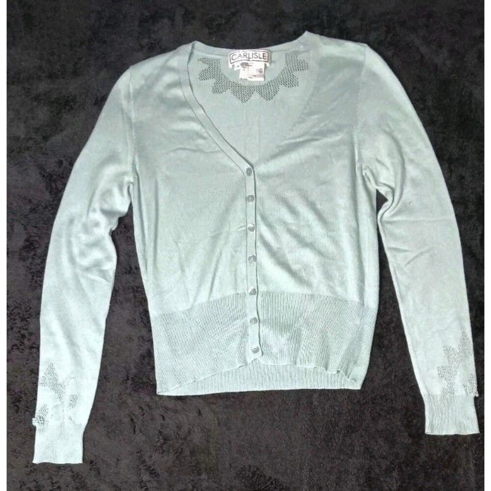 VTG Carlisle Silk Cashmere Pointelle Button Up Cardigan M Mint Blue Old Money